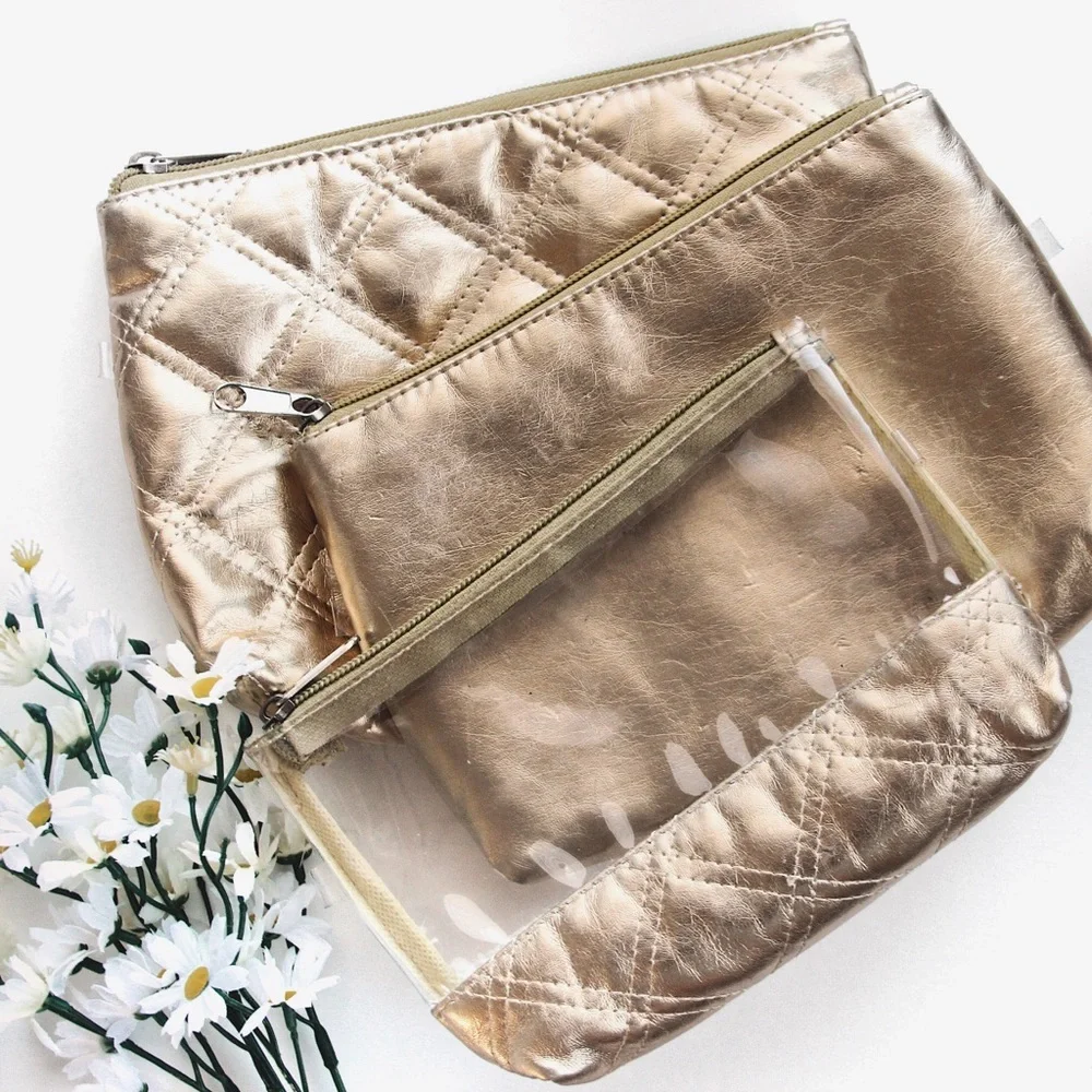 Metallic Gold Faux Leather Travel Pouch Set